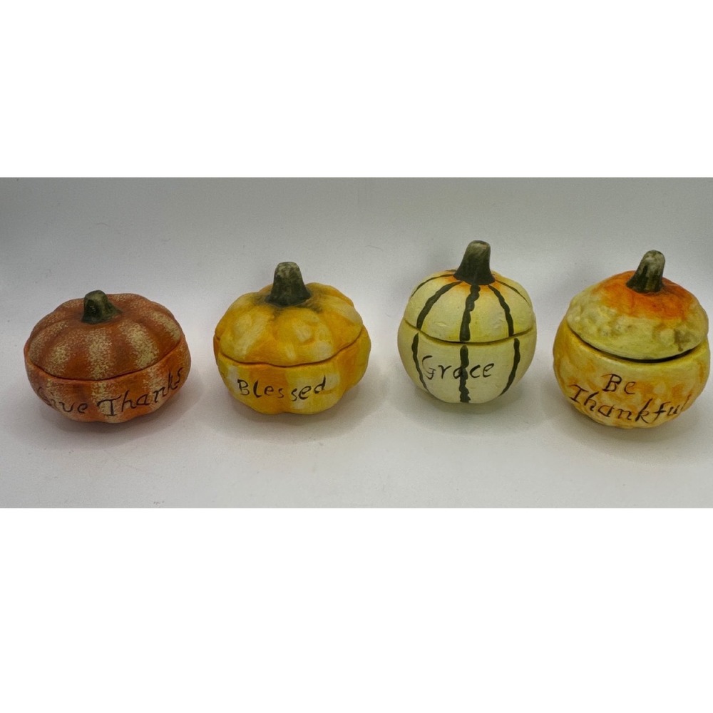 Set of 4 Ceramic Pumpkin Gourd Tea Light Candle Holders Give Thanks Bless Grace
